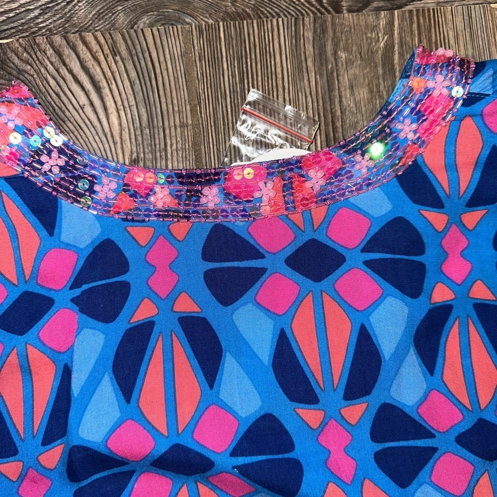 Escapada Living Beaded Blue Mosaic Tunic Coastal Sapphire 3/4 Sleeve Sz Medium - Picture 6 of 11